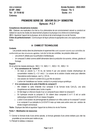 Première page de PCT Tle C — 1er devoir surveillé, 2e semestre (2022-2023) · CEG LE NOKOUE