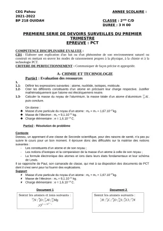 Première page de PCT 2nde C, 2nde D — 1er devoir surveillé, 1er trimestre (2021-2022) · CEG PAHOU