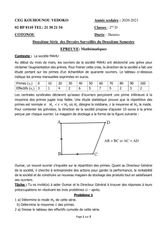 Première page de Mathématiques 2nde D — 2e devoir surveillé, 2e semestre (2020-2021) · CEG Kouhounou-Vêdoko