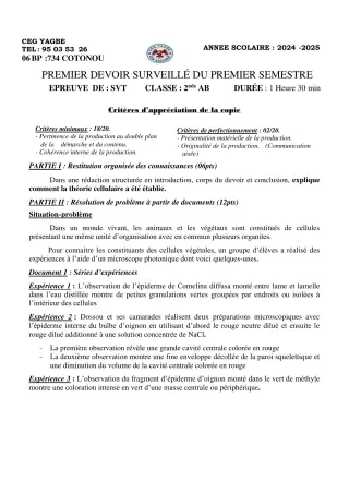 Première page de SVT 2nde A2, 2nde B — 1er devoir surveillé, 1er semestre (2024-2025) · CEG Yagbe
