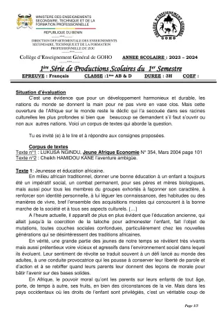 Première page de Français 1ère A & B, 1ère D — 1re production scolaire, 1er semestre (2023-2024) · CEG GOHO