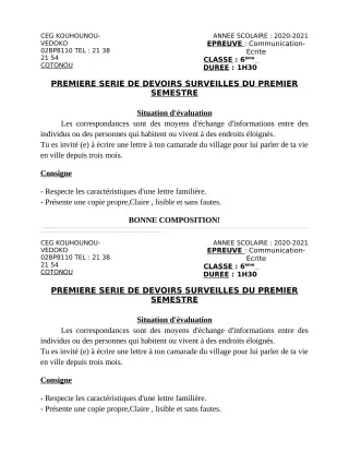 Première page de Français 6e — 1er devoir surveillé, 1er semestre (2020-2021) · CEG Kouhounou-Vêdoko