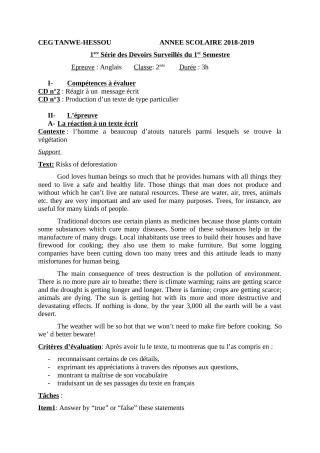 Première page de Anglais 2nde D — 1er devoir surveillé, 1er semestre (2018-2019) · CEG TANWE-HESSOU