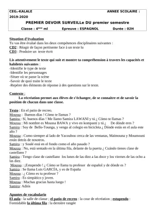 Première page de Espagnol 4e ML — 1er devoir surveillé, 1er semestre (2019-2020) · CEG1 Kalalé