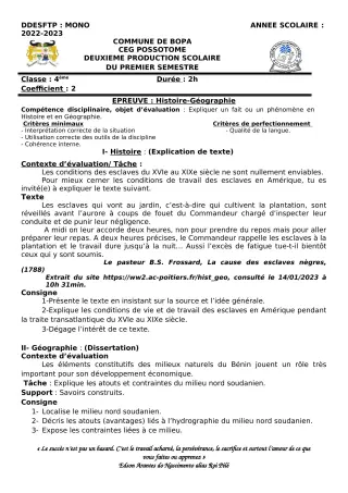 Première page de Histoire-Géographie 4e — 2e production scolaire, 1er semestre (2022-2023) · CEG POSSOTOME
