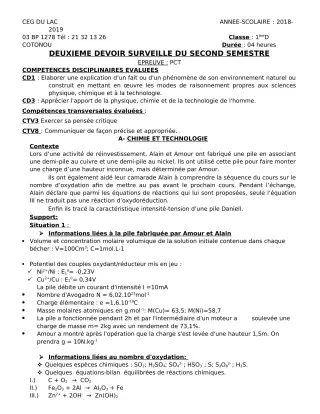 Première page de PCT 1ère D — 2e devoir surveillé, 2e semestre (2018-2019) · CEG du Lac