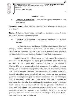 Première page de Philosophie 1ère A1, 1ère A2, 1ère B — 2e devoir surveillé, 2e semestre (2019-2020) · CEG 1 Akpakpa-Centre