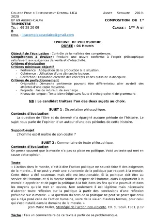 Première page de Philosophie 1ère A2, 1ère B — Composition, 1er trimestre (2019-2020) · CPEG LICA