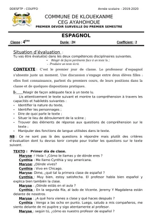 Première page de Espagnol 4e ML, 3e ML — 1er devoir surveillé, 1er semestre (2019-2020) · CEG AYAHOHOUE