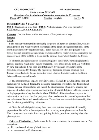 Première page de Anglais 2nde A2, 2nde B, 2nde C, 2nde D, 2nde EFS — Évaluation sommative, 1er semestre (2019-2020) · CEG2 Godomey