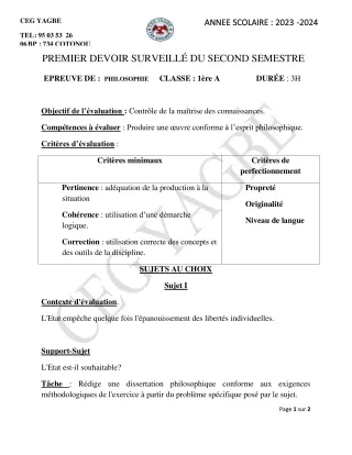 Première page de Philosophie 1ère A2 — 1er devoir surveillé, 2e semestre (2023-2024) · CEG Yagbe