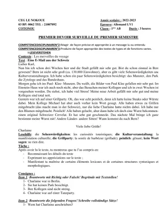 Première page de Allemand 1ère A2, 1ère B — 1er devoir surveillé, 1er semestre (2022-2023) · CEG LE NOKOUE