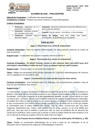Première page de Examen Blanc de PHILO — Tle A, Tle B — CPEG LE PHARAON (2019)