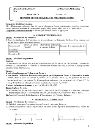 Première page de PCT 3e — 2e devoir surveillé, 1er semestre (2022-2023) · CEG ZONGO