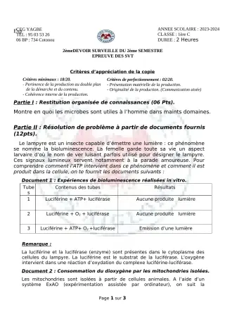 Première page de SVT 1ère C — Devoir surveillé, 2e semestre (2023-2024) · CEG Yagbe