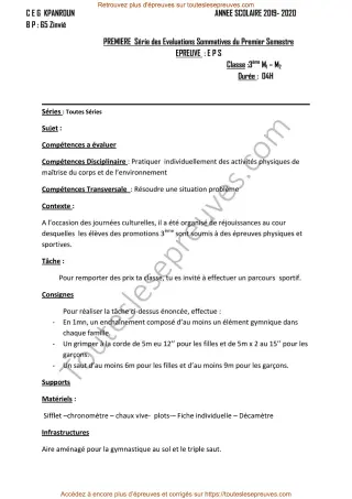 Première page de EPS 3ème – 1er semestre 2019-2020 – Sujet et corrigé du devoir (gymnastique, grimper à la corde, triple saut) – CEG Kpanroun
