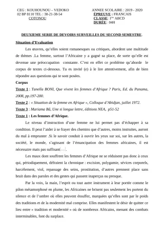 Première page de Français 1ère A1, 1ère A2, 1ère B, 1ère C, 1ère D — 2e devoir surveillé, 2e semestre (2019-2020) · CEG Kouhounou-Vêdoko