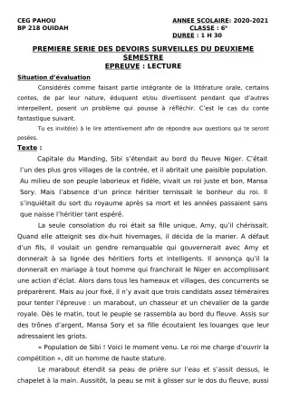 Première page de Français 6e — 1er devoir surveillé, 2e semestre (2020-2021) · CEG PAHOU