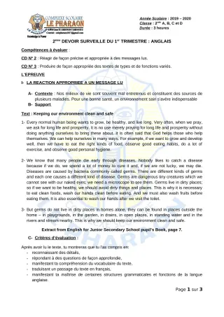 Première page de Anglais 2nde A, 2nde B, 2nde C, 2nde D — 2e devoir surveillé, 1er trimestre (2019-2020) · CPEG LE PHARAON