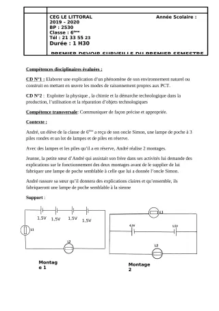 Première page de PCT 6e — 1er devoir surveillé, 1er semestre (2019-2020) · CEG Le Littoral