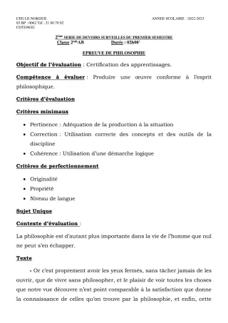 Première page de Philosophie 2nde A1, 2nde A2, 2nde B — 2e devoir surveillé, 1er semestre (2022-2023) · CEG LE NOKOUE