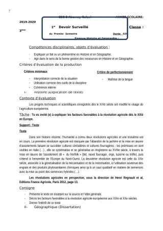 Première page de Histoire-Géographie 3e, 3e ML — 3e devoir surveillé, 1er semestre (2018-2019) · CEG2 ABOMEY - CALAVI (CEG ZOCA)