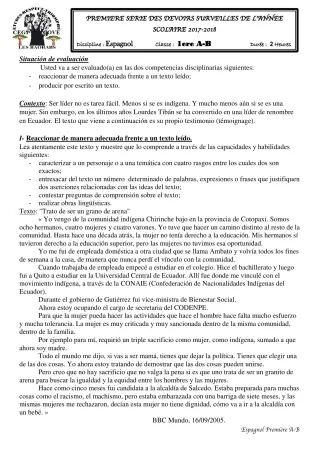 Première page de Espagnol 1ère A1 — 1er devoir surveillé (2017-2018) · CEG1 Covè