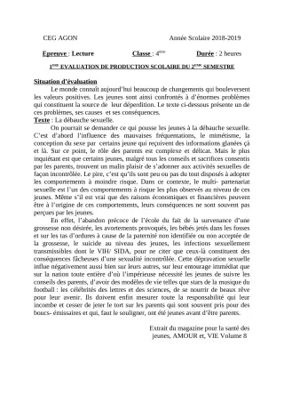 Première page de Français 4e ML&MC — 1re production scolaire, 2e semestre (2018-2019) · CEG Agon