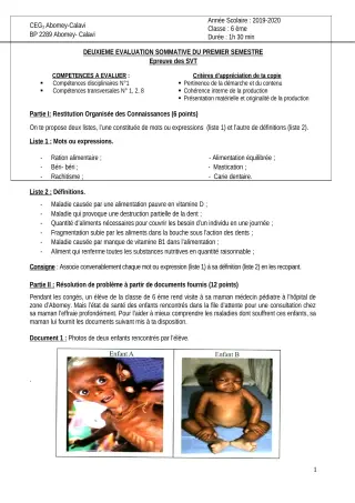 Première page de SVT 6e, 5e, 4e, 4e ML, 3e, 3e ML — 2e évaluation sommative, 1er semestre (2019-2020) · CEG3 ABOMEY CALAVI