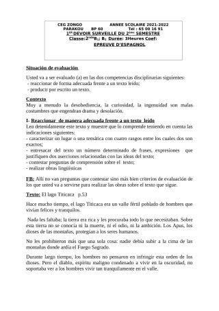 Première page de Espagnol 2nde B — 1er devoir surveillé, 2e semestre (2021-2022) · CEG ZONGO