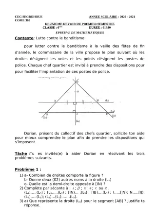 Première page de Mathématiques 6e, 5e, 4e, 4e ML, 3e, 3e ML, 2nde A & B, 2nde D, 1ère A2, 1ère B, 1ère D, Tle A1, Tle A2, Tle B, Tle D — 2e devoir surveillé, 1er semestre (2020-2021) · CEG SEGBOHOUE