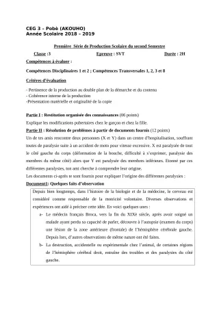 Première page de SVT 3e, 3e ML — 1re production scolaire, 2e semestre (2018-2019) · CEG3 Pobè (Akouho)