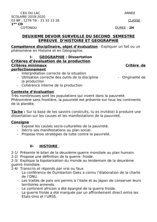Première page de Histoire-Géographie 1ère C — 2e devoir surveillé, 2e semestre (2019-2020) · CEG du Lac