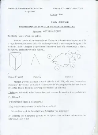 Première page de Mathématiques 5e — 1er devoir surveillé, 1er semestre (2018-2019) · CEG ADJAGBO
