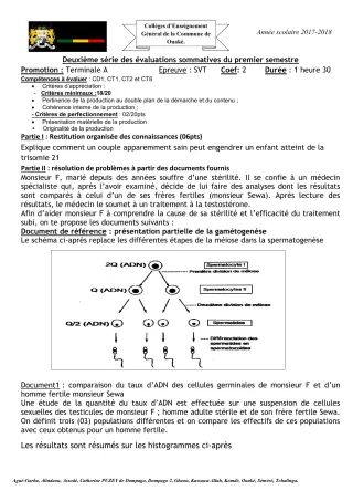 Première page de SVT Tle A2 — 2e évaluation sommative, 1er semestre (2017-2018) · CEG C.P de Dompago