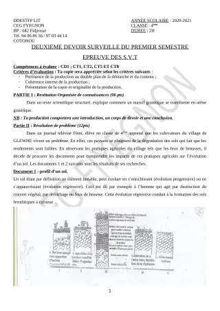 Première page de SVT 4e — 2e devoir surveillé, 1er semestre (2020-2021) · CEG FIYEGNON
