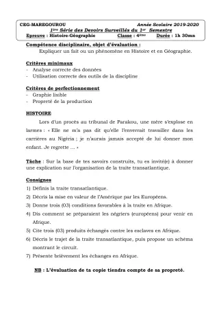 Première page de Histoire-Géographie 4e ML&MC — 1er devoir surveillé (2019-2020) · CEG MAREGOUROU