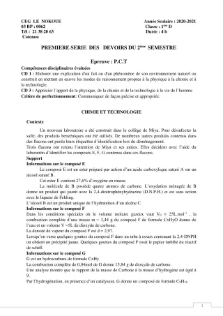 Première page de PCT 1ère D — 1er devoir surveillé, 2e semestre (2020-2021) · CEG LE NOKOUE