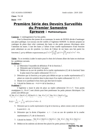 Première page de Mathématiques 1ère A, 1ère B — 1er devoir surveillé, 1er semestre (2019-2020) · CEG Agassa Godomey