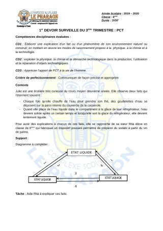 Première page de PCT 6e — 1er devoir surveillé, 3e trimestre (2019-2020) · CPEG LE PHARAON
