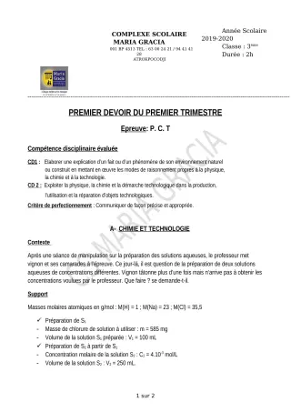 Première page de PCT 3e — 1er devoir surveillé, 1er trimestre (2019-2020) · CPEG MARIA GRACIA