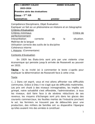 Première page de Histoire-Géographie 1ère A & B — 1re évaluation sommative, 1er semestre (2023-2024) · CEG2 ABOMEY - CALAVI (CEG ZOCA)