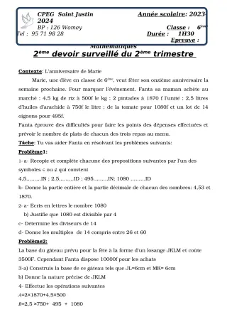 Première page de Mathématiques 6e, 1ère A2, 1ère B — 2e devoir surveillé, 2e trimestre (2023-2024) · CPEG SAINT Justin