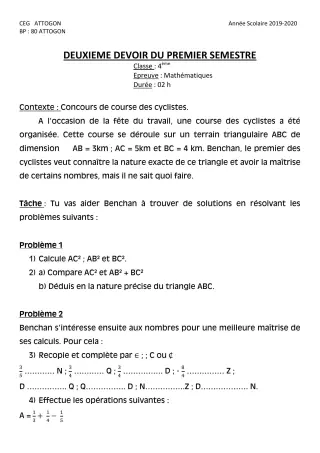 Première page de Mathématiques 4e, 4e ML — 2e devoir surveillé, 1er semestre (2019-2020) · CEG Attogon