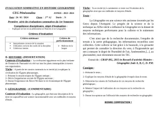 Première page de Histoire-Géographie 2nde A2, 2nde D, 1ère A2, 1ère D, Tle A2, Tle D — Évaluation sommative, 1er semestre (2023-2024) · CEG PENESSOULOU