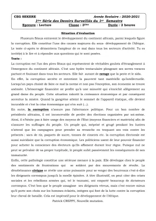 Première page de Français 3e, 3e ML — 1er devoir surveillé, 1er semestre (2020-2021) · CEG SEKERE