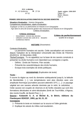 Première page de Histoire-Géographie 4e, 4e ML — 1re évaluation sommative, 2e semestre (2018-2019) · CEG Le Méridien