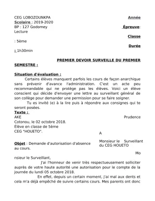 Première page de Français 5e — 1er devoir surveillé, 1er semestre (2019-2020) · CEG Lobozounkpa