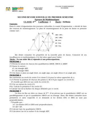 Première page de Mathématiques 6e — 2e devoir surveillé, 1er semestre (2023-2024) · CEG SEKERE