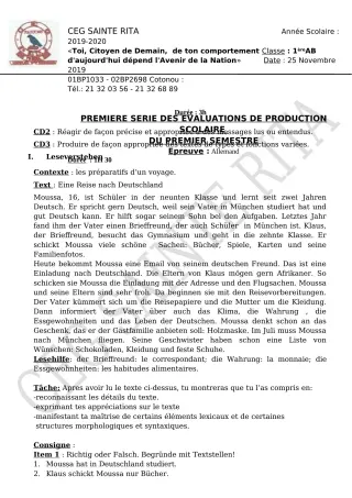 Première page de Allemand 4e ML, 3e ML, 2nde A2, 2nde B, 1ère A2, 1ère B, Tle A2, Tle B — Production scolaire (2019-2020) · CEG Sainte Rita